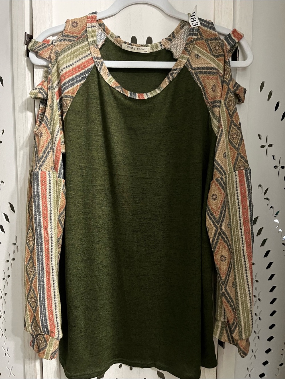 Olive Green Cold-Shoulder Women Top / Tunic with Patterned Sleeves